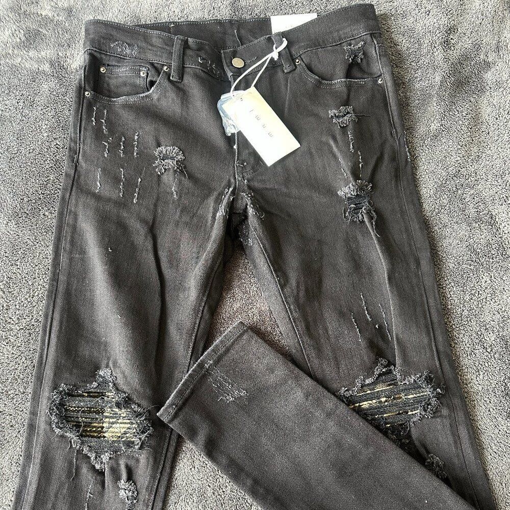 mnml Stacked Skinny Ripped Black Jeans w Snake Skin